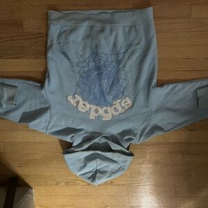 blue and white rhinestone sp5der hoodie authentic